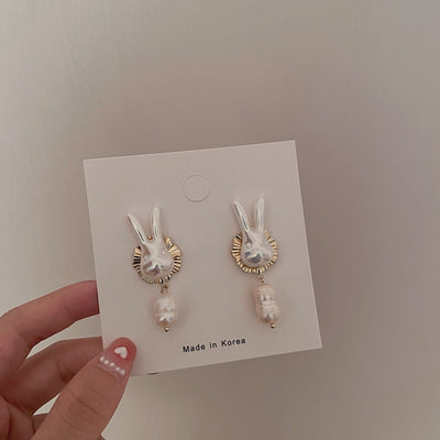 925 Silver Needle Cute Pearl Bunny Baroque Pearl