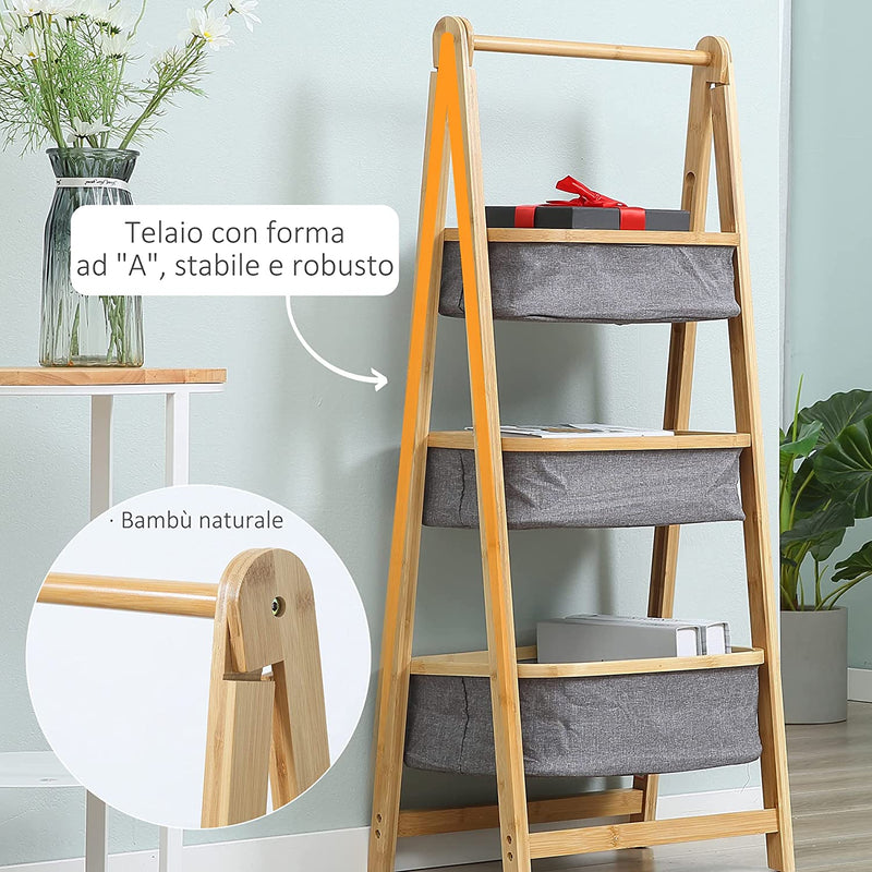 Mobile Bagno Pieghevole Con 3 Cassetti in Tessuto, Scaffale Salvaspazio a 3 Ripiani in Bambù E Poliestere Grigio, 45X31.5X108Cm