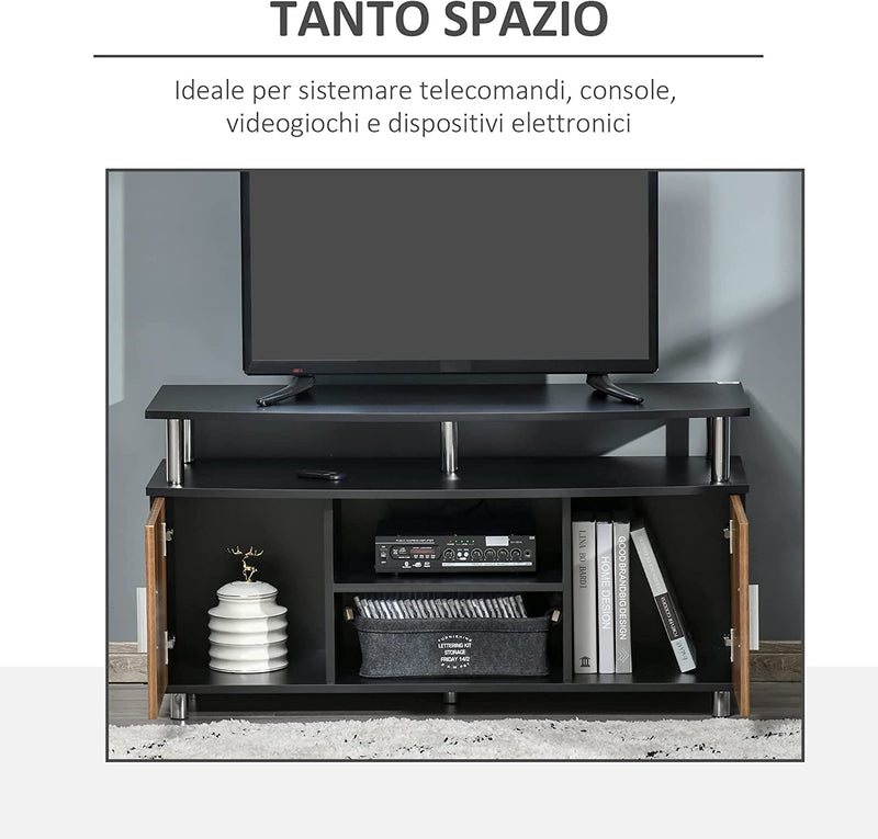 Mobile TV Moderno Con 2 Ripiani, Fori Passacavi E 2 Armadietti, Mobiletto Basso per TV Fino 45", Nero E Marrone, 105X40X55Cm