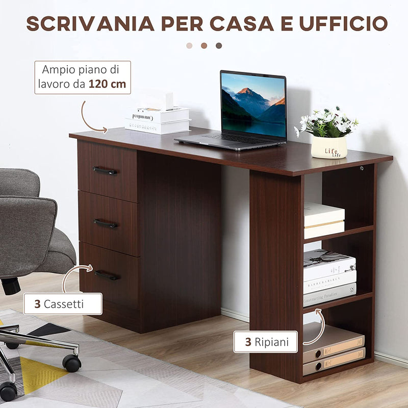 Scrivania Ufficio Con 3 Cassetti E 3 Ripiani Reversibili, Scrivania per Camera Da 120Cm in Legno, Colore Noce