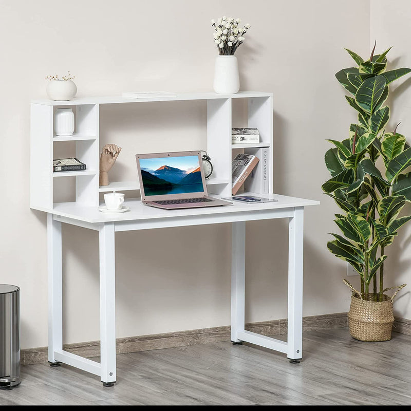 Scrivania Ufficio E Casa per Computer Con Scaffale E Ampio Piano Di Lavoro, Struttura Legno E Metallo 120X60X125Cm, Bianco