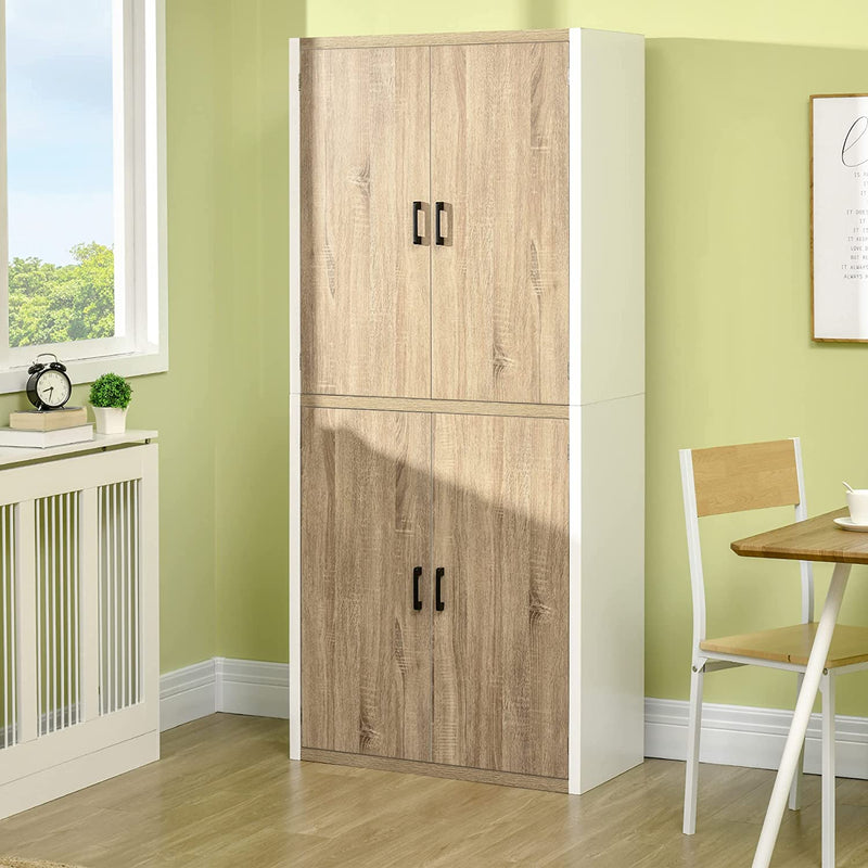 Dispensa Cucina in Legno MDF Con 4 Ripiani Regolabili, 4 Porte E Dispositivo Antiribaltamento, 80X40X182Cm, Color Legno E Bianco