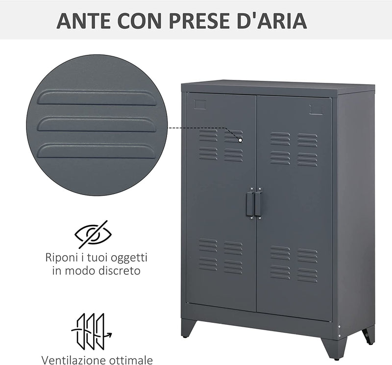 Mobiletto Multiuso a 2 Ante Stile Industriale, Armadietto Metallico per Casa E Garage, 75X33X110Cm, Grigio