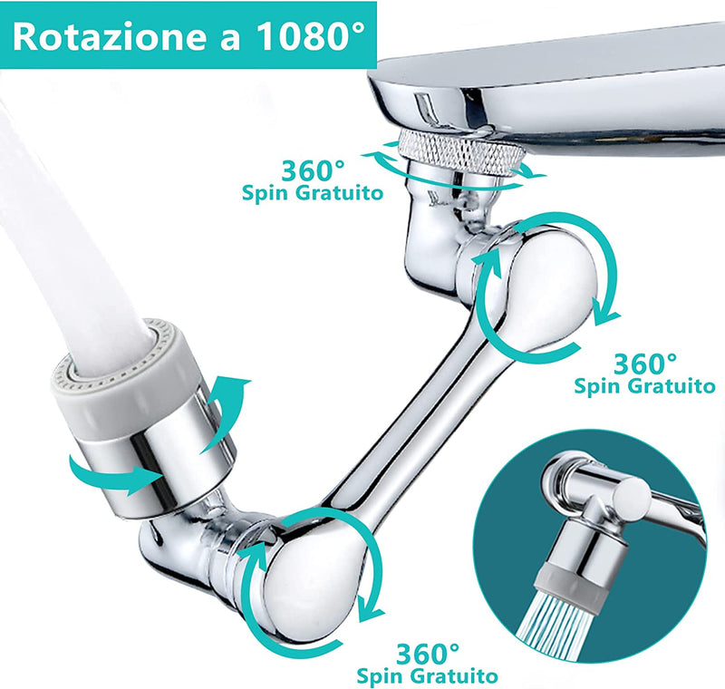 Rubinetto Rotante 1080 Gradi, Prolunga Rubinetto Allungabile Con Rotazione 360 per Bagno, Snodo per Estensione Lavandino Cucina in Ottone, Areatore Rompigetto Con Filtro Antispruzzo, M20 M22 M24