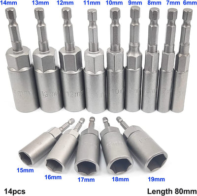 14 Pezzi Bussole per Avvitatore Bussole Esagonali, 6–19 Mm Hexagon Nut Driver Drill Bit Approfondire 34Mm, Attacco Esagonale Da 1/4"" per Trapani, Dadi E Adattatori per Bussole a Percussione