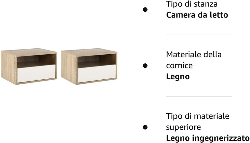 Set 2 Comodini Sospesi in Legno Con Cassetto E Ripiano Aperto, Design Moderno 45X35X27.5Cm, Bianco E Color Legno