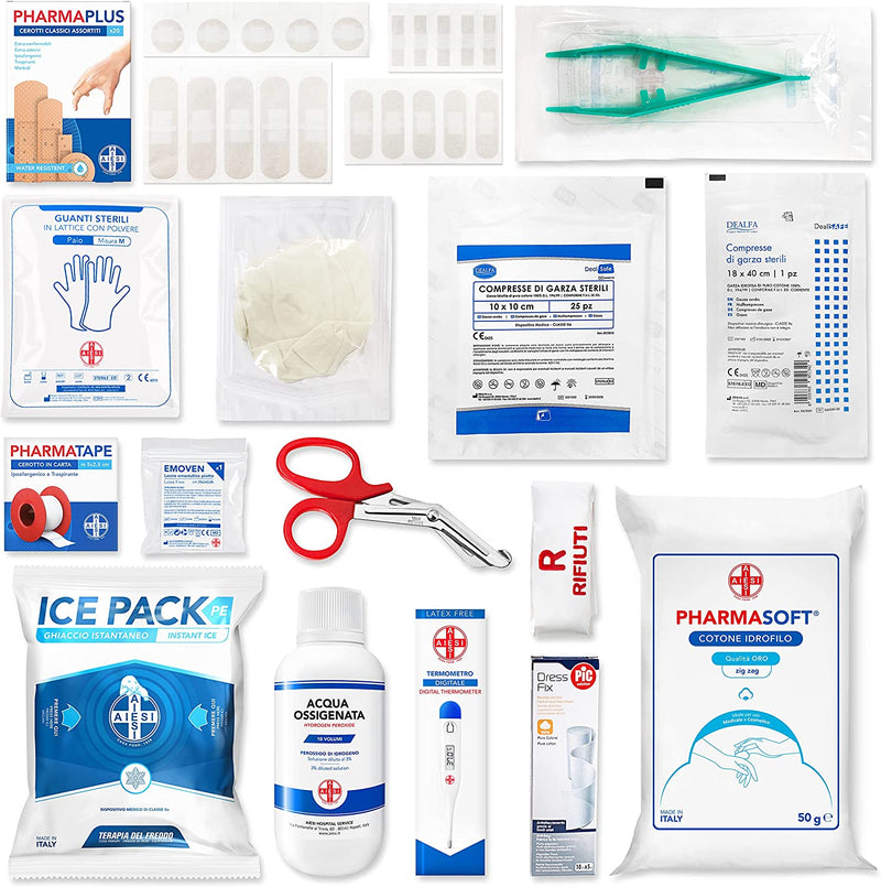 ® Kit Di Pronto Soccorso Professionale per Auto Casa Viaggio Barca Moto Trekking Con TERMOMETRO E DISINFETTANTE 