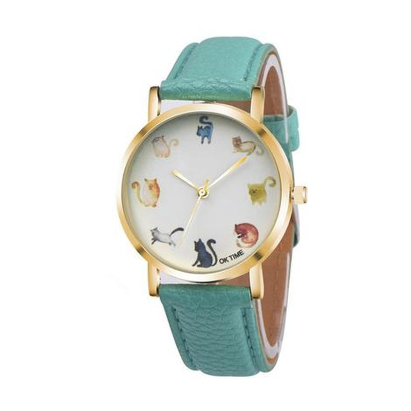 Cats Cute Watch Women PU Leather round Dial Students Fashion Wristwatch Sleeping Cat Fox Animal