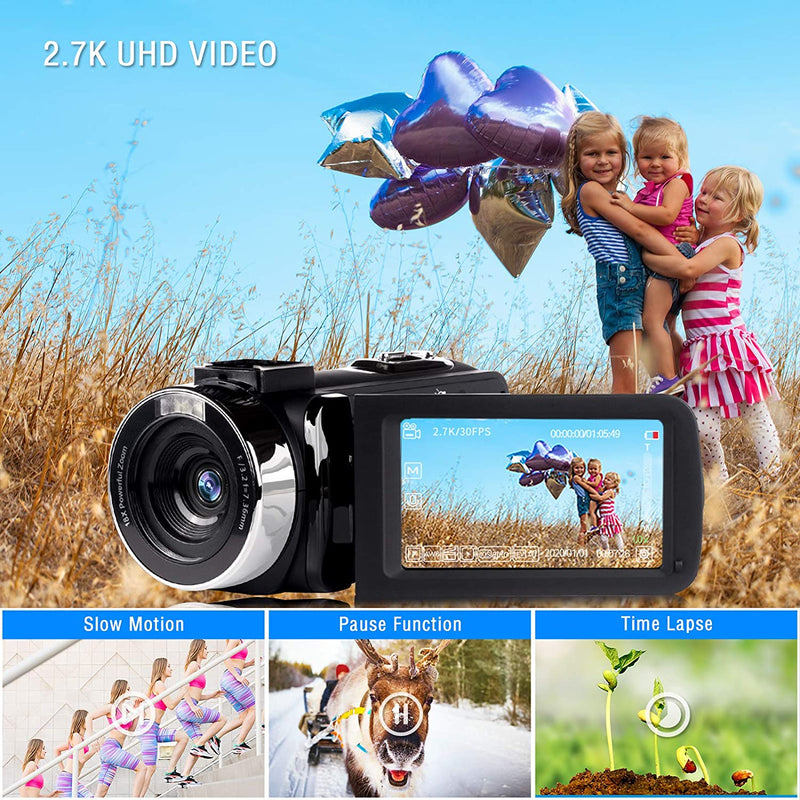 2,7K Videocamera Camcorder GDV1302 Fotocamera per Vlogging Ricaricabile Zoom Digitale 18X Videocamera FHD 42MP 3" LCD Con Schermo Ruotabile E 2 Batterie(Nero)