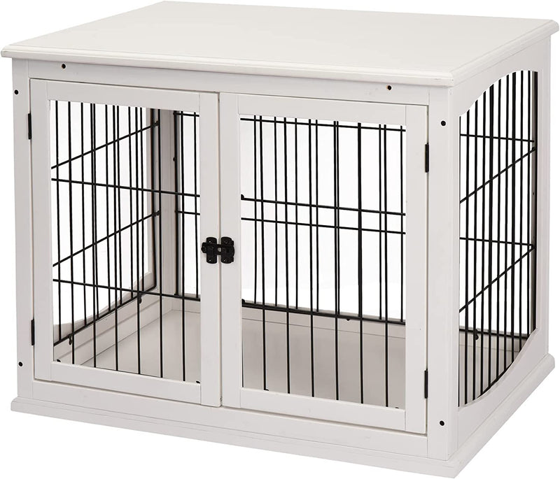 Casetta per Cani Da Interno, Gabbietta per Animali in Legno E Metallo Con Doppia Porta, 58.5X81X 66Cm, Bianco