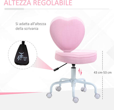 Sedia per Scrivania Cameretta a Forma Di Cuore, Sedia Da Ufficio Con 5 Rotelle Girevoli E Altezza Regolabile Rivestita in Lino Rosa, 40X50X79-89Cm