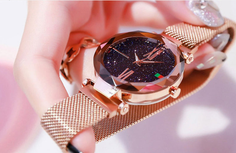 Luxury Women Watches Mesh Ladies Clock Magnet Buckle Starry Diamond Geometric Surface Quartz Wristwatch