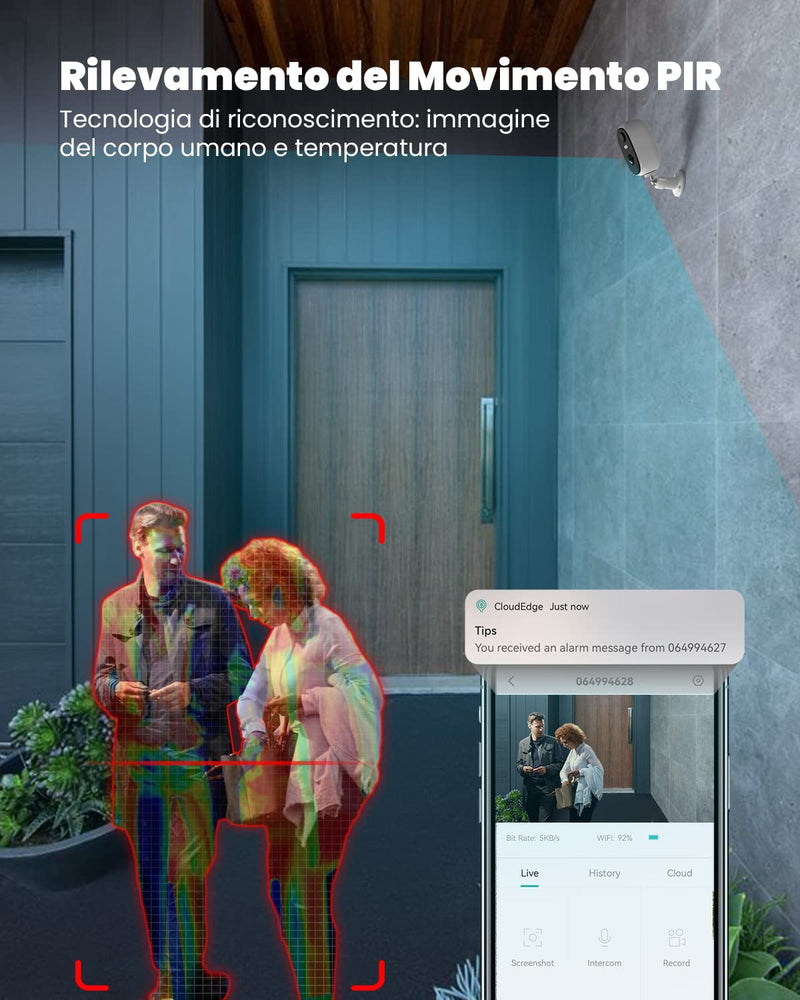 2K Telecamera Wi-Fi Interno / Esterno Batteria Senza Fili, Videocamera Sorveglianza Con Visione Notturna a Colori, Allarme Con Rilevamento Del Movimento, Sirena, IP65, Audio a 2 Vie, Sd/Cloud