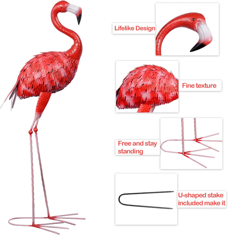 Flamingo Garden Statue E Sculture, 3 Pz Metallo Grande Rosso Flamingo Uccelli Figure Yard Art Ornamenti per Giardino Patio Prato Backyard Decor (Rosso)