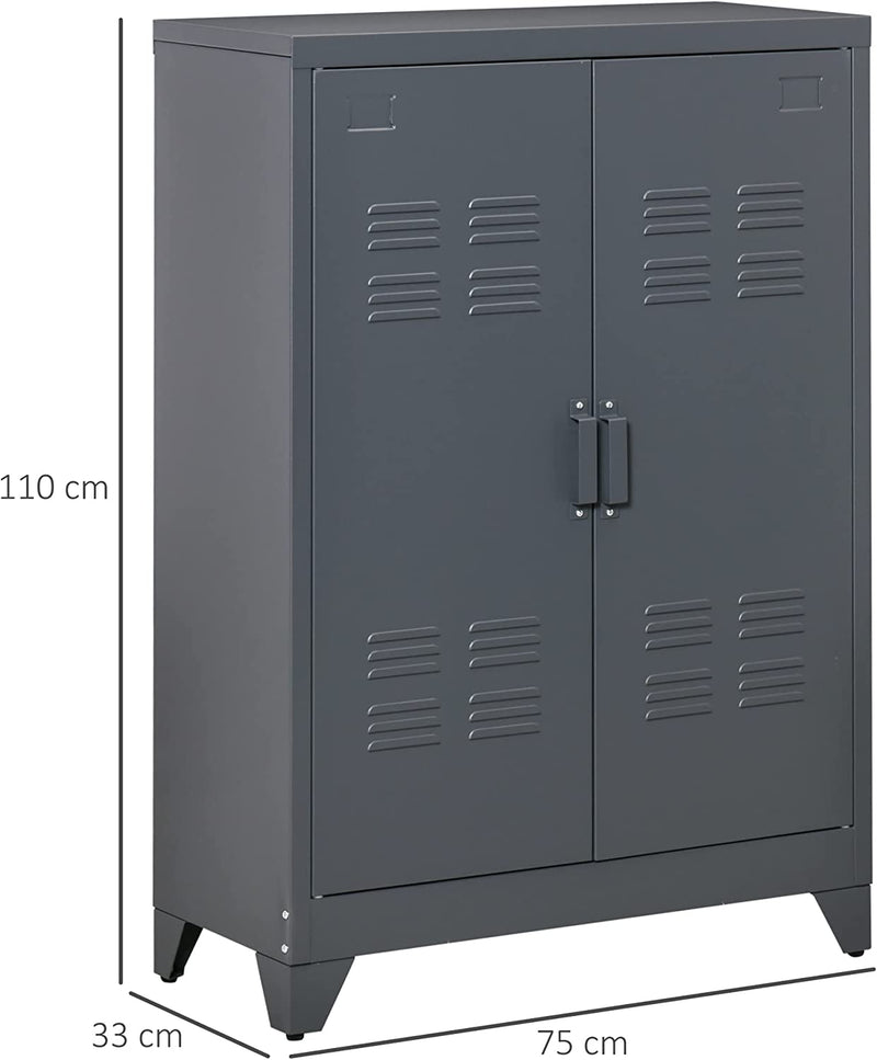 Mobiletto Multiuso a 2 Ante Stile Industriale, Armadietto Metallico per Casa E Garage, 75X33X110Cm, Grigio