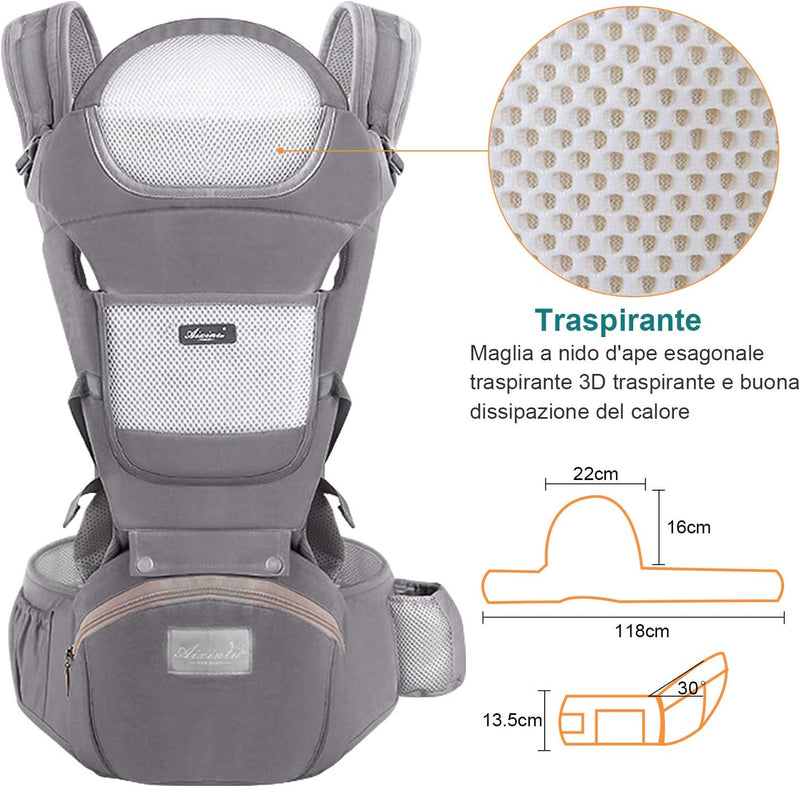 Marsupio Neonati Ergonomico, Porta Bambino Con Sedile Multiposizione, Con Poggiatesta E Cappuccio, Puro Cotone Traspirante Leggero, Ideale Neonati E Bambini Da 0-36 Mesi(Inferiore a 25Kg) Grigio