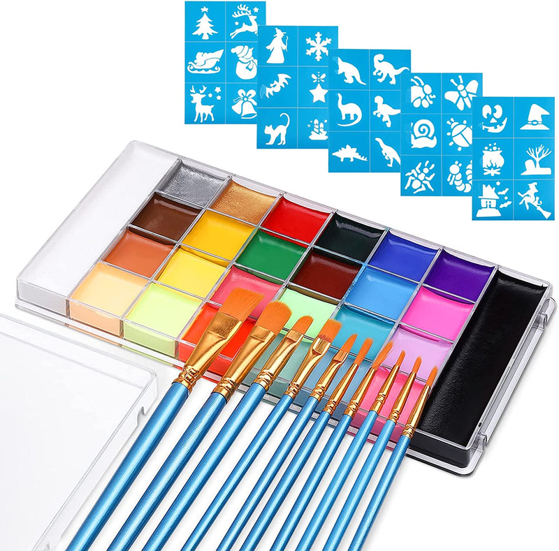 Truccabimbi Kit,Face Paint-26 Colori,Kit per La Pittura Del Viso per Bambini,10 Pennelli Professionali,30 Stencil