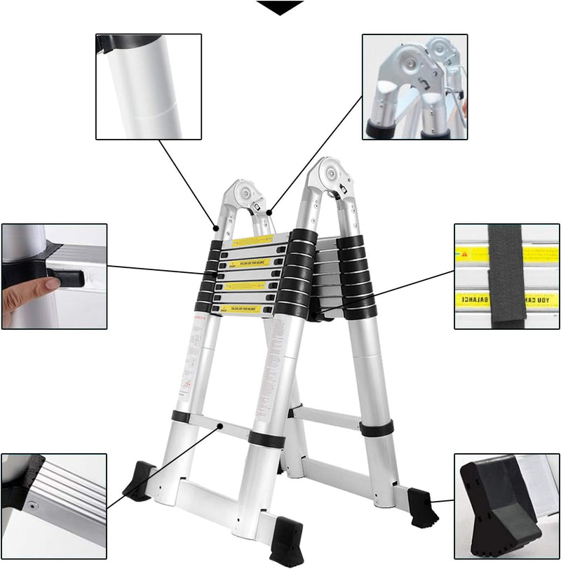 Scala Telescopica in Alluminio, Allungabile, Antiscivolo, Multifunzionale, Portatile, Portata Massima 150 Kg, 5 M (2,5 + 2,5 M)