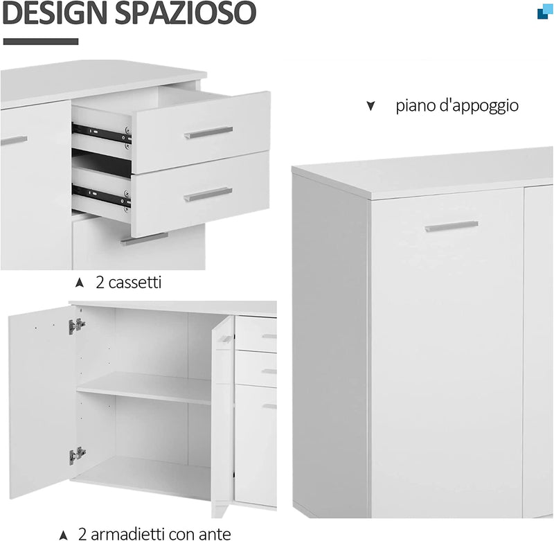 Armadietto Da Ufficio 3 Armadietti 2 Cassetti Legno 106X35X76Cm Bianco