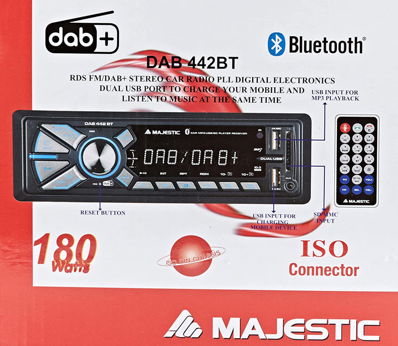 DAB-442 BT - Autoradio RDS FM Stereo/ DAB+ PLL, Bluetooth, Doppio USB, Ingressi SD/AUX-IN, 180W (45W X 4Ch), Nero