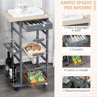 Carrello Da Cucina Salvaspazio in Grigio Scuro, Portavivande Con 1 Piano Di Lavoro 1 Cassetto E 4 Cestelli Metallici, 47X37X83Cm