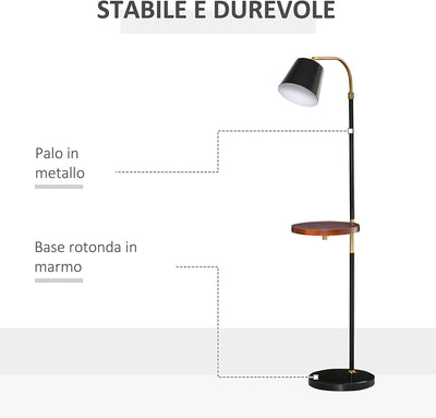 Lampada Da Terra Con Ripiano Da Ф29.5Cm, Lampada Da Pavimento per Salotto Compatibile Con Lampadine E27 Da 40W, Metallo Nero E Oro