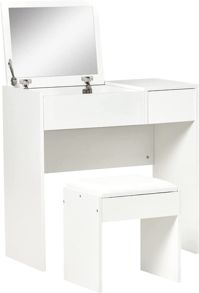 Mobile Da Trucco Con Specchio a Scomparsa E Sgabello, Tavolo Consolle Con Cassetto, 80X40X79 Cm, Bianco