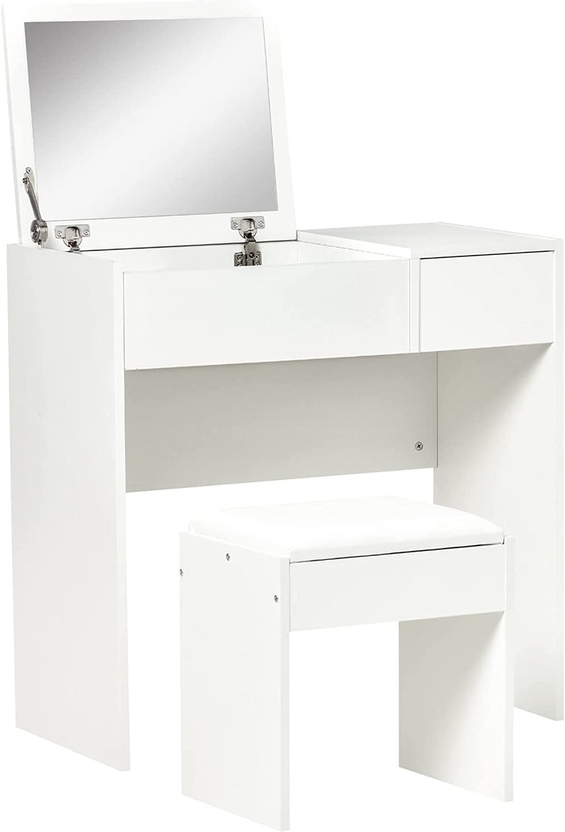 Mobile Da Trucco Con Specchio a Scomparsa E Sgabello, Tavolo Consolle Con Cassetto, 80X40X79 Cm, Bianco