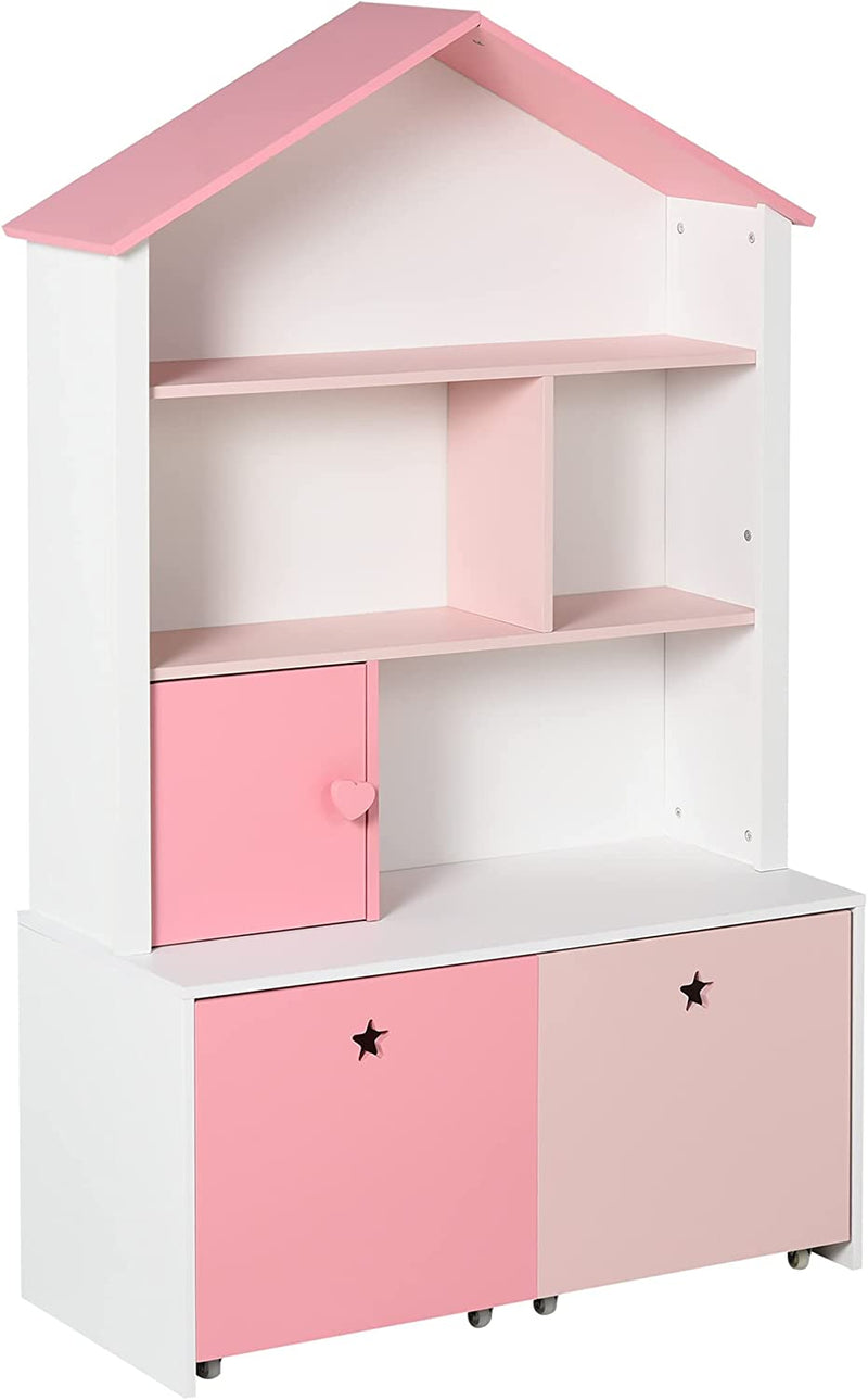 Libreria Scaffale Portagiochi Rosa per Cameretta Bimbi E Ragazzi Con 2 Cassetti Estraibili, 80 X 34 X 130 Cm