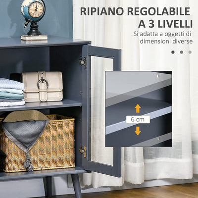 Armadietto Due Ante in Vetro Temperato, Mobiletto Multiuso Con 2 Cassetti, Spazio Aperto E Piano D'Appoggio, in MDF E Legno, 95.5X40X78Cm, Grigio