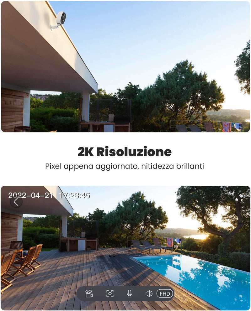 2K Telecamera Wi-Fi Interno / Esterno Batteria Senza Fili, Videocamera Sorveglianza Con Visione Notturna a Colori, Allarme Con Rilevamento Del Movimento, Sirena, IP65, Audio a 2 Vie, Sd/Cloud