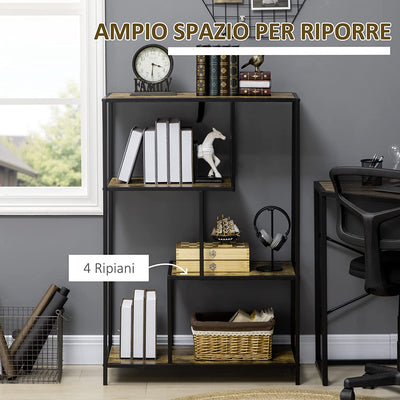 Libreria Moderna Stile Industriale a 4 Ripiani, Scaffale in Legno E Metallo per Salotto E Ufficio, 77X33X114Cm, Marrone