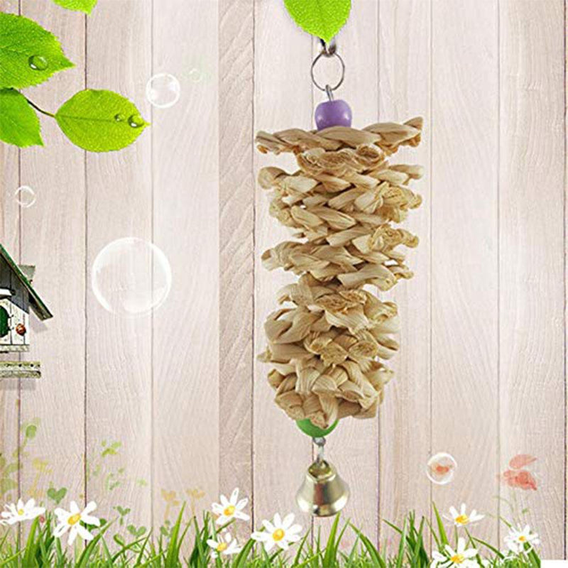 Bird Parrot Toy with Bell Natural Wooden Grass Bite Hanging Cage