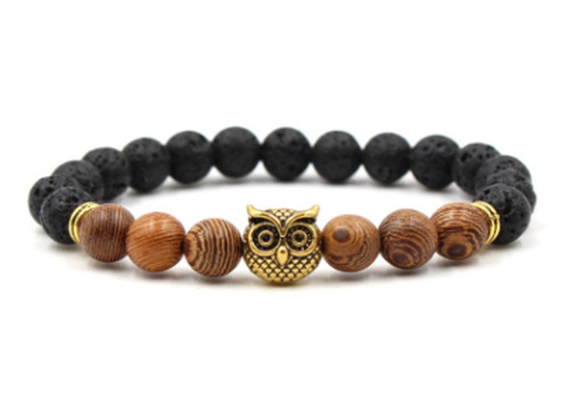 Foreign Trade Aliexpress Best Selling 8Mm Natural Stone Black Lava Volcanic Stone Bracelet Gold Alloy Owl Bracelet