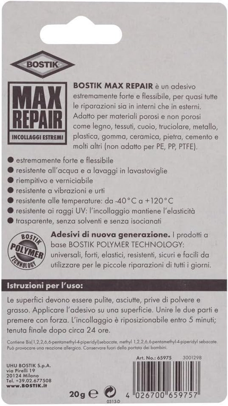 MAX REPAIR Adesivo Di Riparazione Super Forte, Flessibile, per Incollaggi Estremi G 20, Trasparente