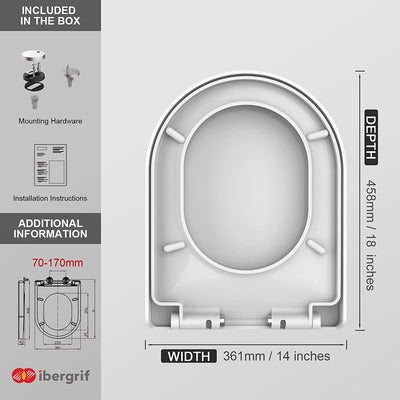 M41001 Sedile WC, Copriwater Universali D Forma,Tavoletta WC Chiusura Ammortizzata, Rapido Montaggio,Plastica Antibatterico Facile Da Pulire, Bianco, 468 X 361 X 42 Mm