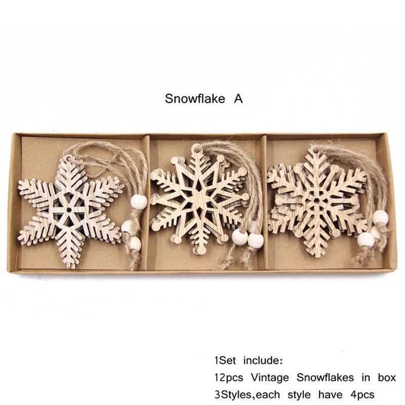 12PCS Box Multi Christmas Snowflakes Wooden Pendants Ornamen