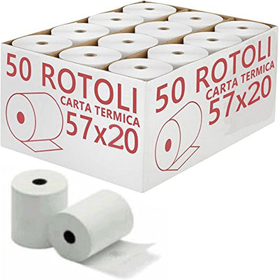 50 ROTOLI CARTA TERMICA 57 Mm X 20 Mt POS REGISTRATORE DI CASSA ALTA QUALITA'