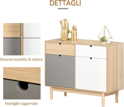 Mobile Multiuso Stile Nordico, Armadietto Due Ante Con Cassetti per Cucina E Ingresso, 100X40X79.5Cm, Multicolore