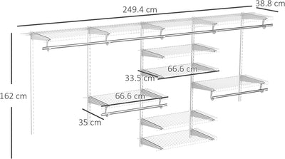 Organizer in Acciaio Montato a Muro Con 9 Ripiani Regolabili E 5 Aste per Appendere, 249.4X38.8X162 Cm, Bianco