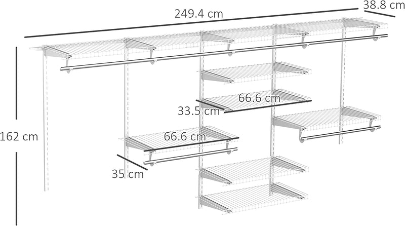 Organizer in Acciaio Montato a Muro Con 9 Ripiani Regolabili E 5 Aste per Appendere, 249.4X38.8X162 Cm, Bianco