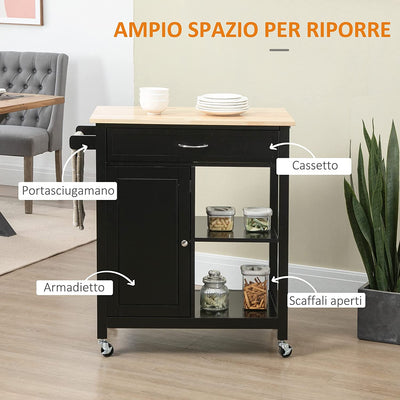 Carrello Da Cucina in Legno Con Cassetto, Armadietto E Ripiani, Carrellino Portavivande Con Ruote, 83X45X88Cm, Nero