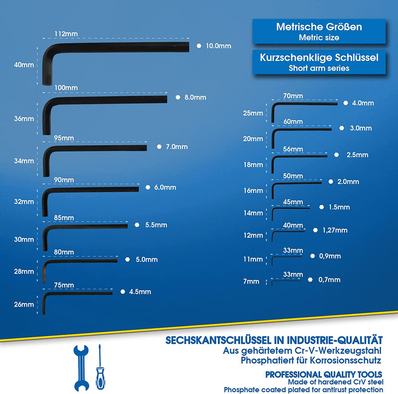 Chiavi a Brugola in Pollici E Metriche - Set 30 Chiavi Esagonali Allen Professionali Da 0,7Mm a 10 Mm