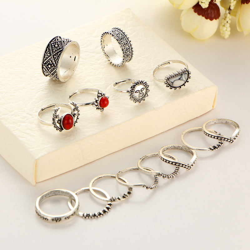 Foreign Trade Retro Silver Carved Joint Ring Red and White Turquoise 14 Piece Set Set Ring Female Jewelry Wholesale