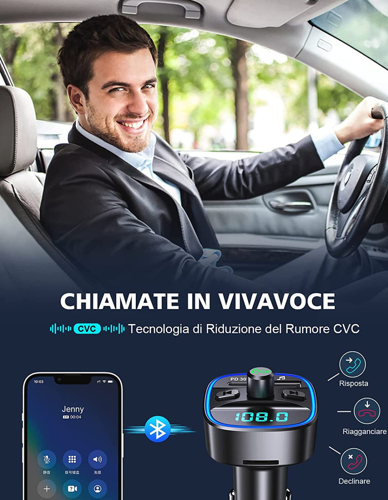 Trasmettitore FM Bluetooth per Auto, Type-C PD 30W Radio Adattatore Bluetooth Auto a Ricarica Rapida Con Chiamata a Mani Libere, Lettore Musicale MP3 Di Supporto Scheda TF E Disco USB