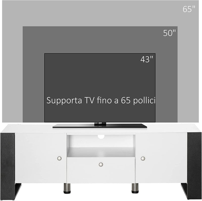 Mobile TV Moderno Con Armadietti, Cassetto E Mensola, Mobiletto Basso in Legno per TV Fino 65", 140X43X48Cm, Bianco E Nero