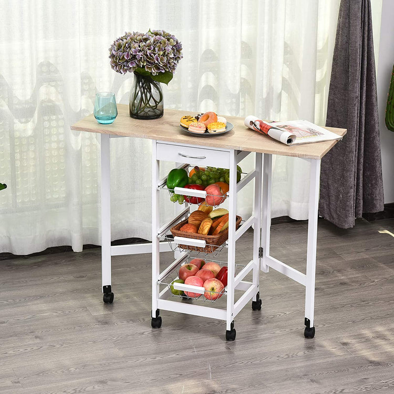 Carrello Da Cucina Con 3 Cestini, Cassetto E Ribalte, 6 Ruote Girevoli, in MDF E Metallo, 37X37X77.5Cm, Bianco E Legno