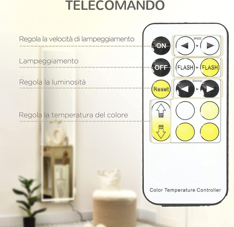 Specchio Autoportante a Figura Intera Con Supporto E Luce LED Regolabile, Specchio Da Parete Con Telecomando per Camera Da Letto E Bagno, 40X37X156.5Cm