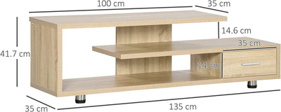 Mobile TV Moderno per TV Fino a 45", Mobile TV Aperto in Truciolato Con Cassetto, 135X35X41.7Cm, Color Legno