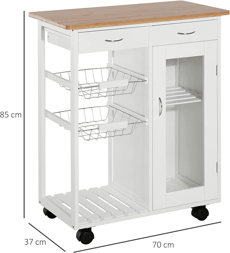 Carrello Da Cucina Rotelle, Cassetti E 2 Cesti in Legno Di Pino, Bianco, 70 X 37 X 85Cm